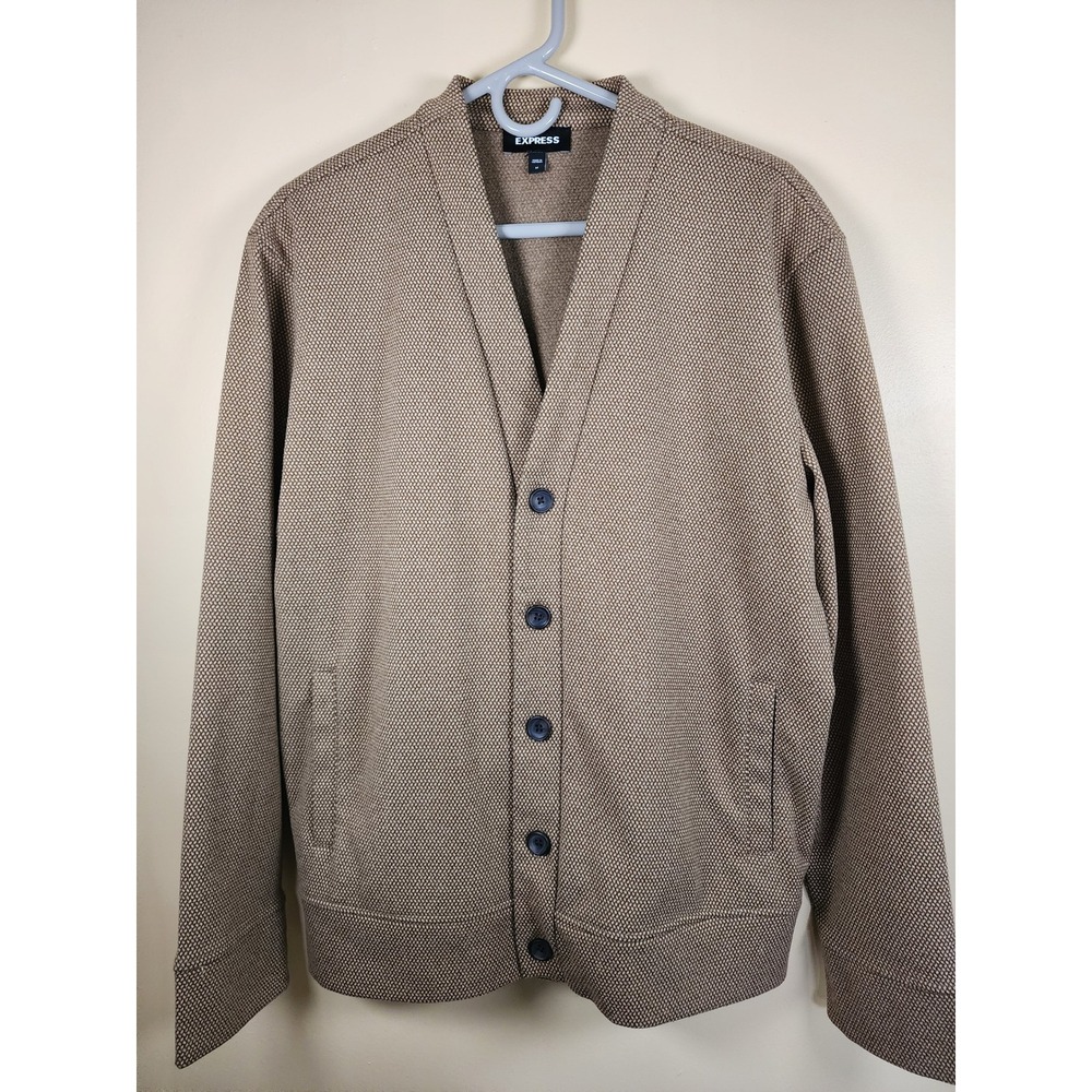 Express Men's Button Up Knit Cardigan Sweater Pockets Brown Tan Sz M
